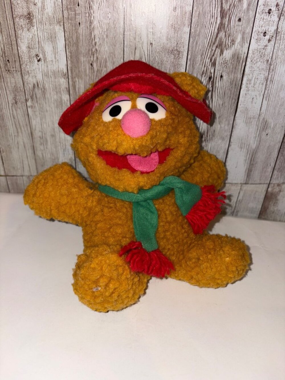 Vintage 1987 Henson Baby Fozzie Bear Plush Red Hat Green Scarf Muppet Babies